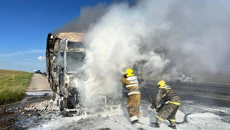 Грузовик загорелся на трассе в Жамбылской области