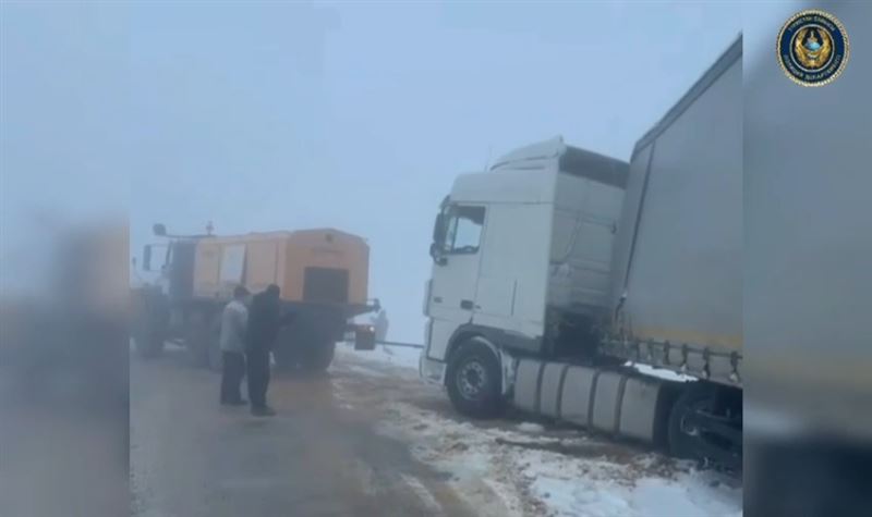 Водителей 60 грузовиков, застрявших в буран на дороге в горах, спасли в Туркестанской области